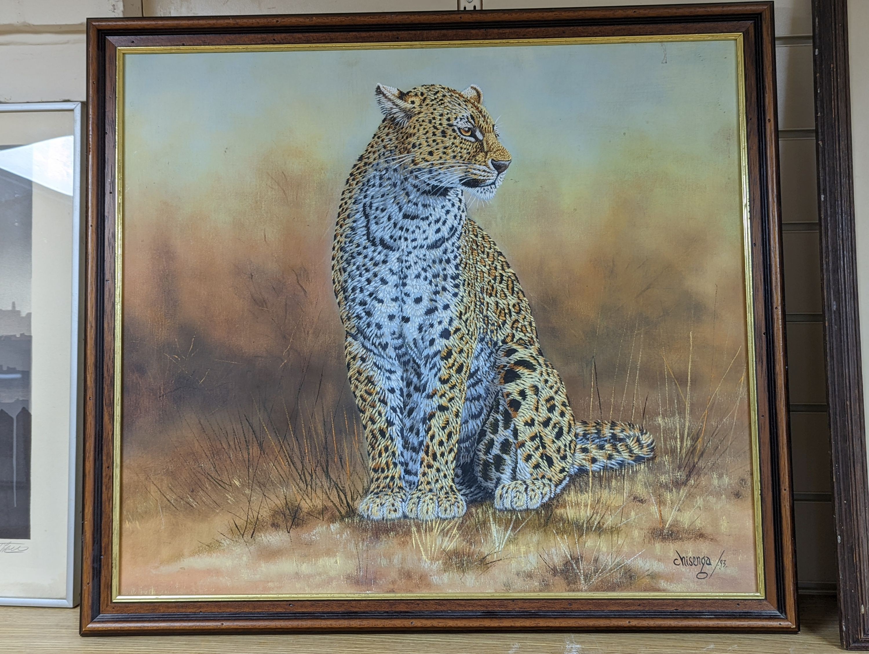 Chisenga, oil on canvas, Study of a leopard, signed and dated '93, 57 x 65cm